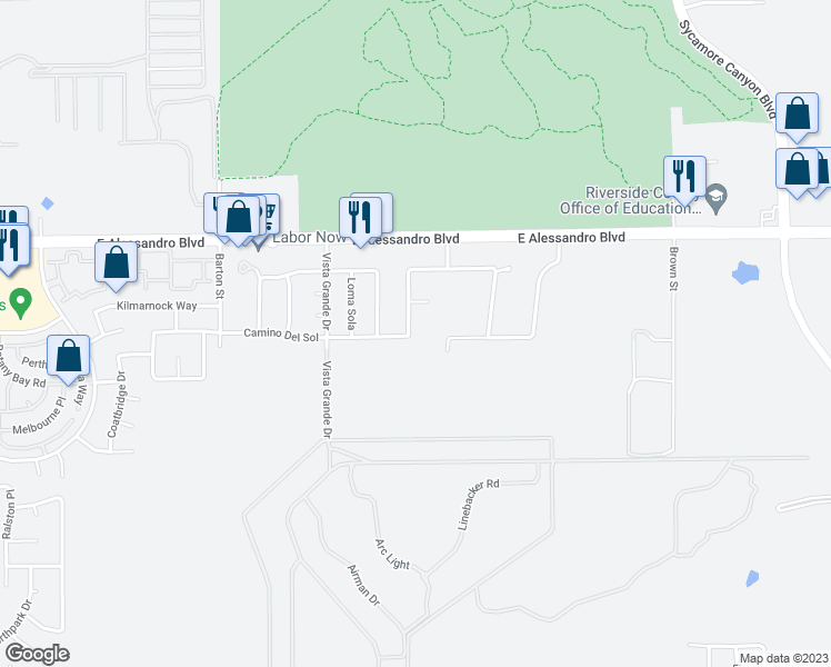 map of restaurants, bars, coffee shops, grocery stores, and more near 14238 Avenida Munoz in Riverside