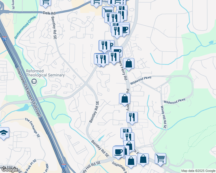 map of restaurants, bars, coffee shops, grocery stores, and more near 1008 Wynnes Ridge Circle in Marietta