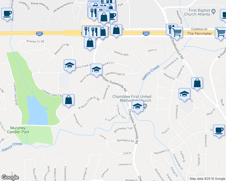 map of restaurants, bars, coffee shops, grocery stores, and more near 4144 Fischer Way in Atlanta