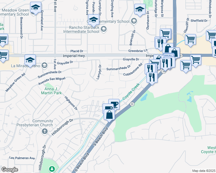 map of restaurants, bars, coffee shops, grocery stores, and more near 16547 Blackburn Drive in La Mirada
