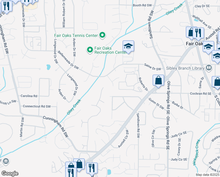 map of restaurants, bars, coffee shops, grocery stores, and more near 1595 Oakpoint Drive Southwest in Marietta
