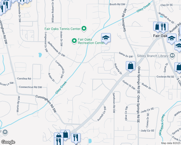 map of restaurants, bars, coffee shops, grocery stores, and more near 1600 Oakpoint Drive Southwest in Marietta