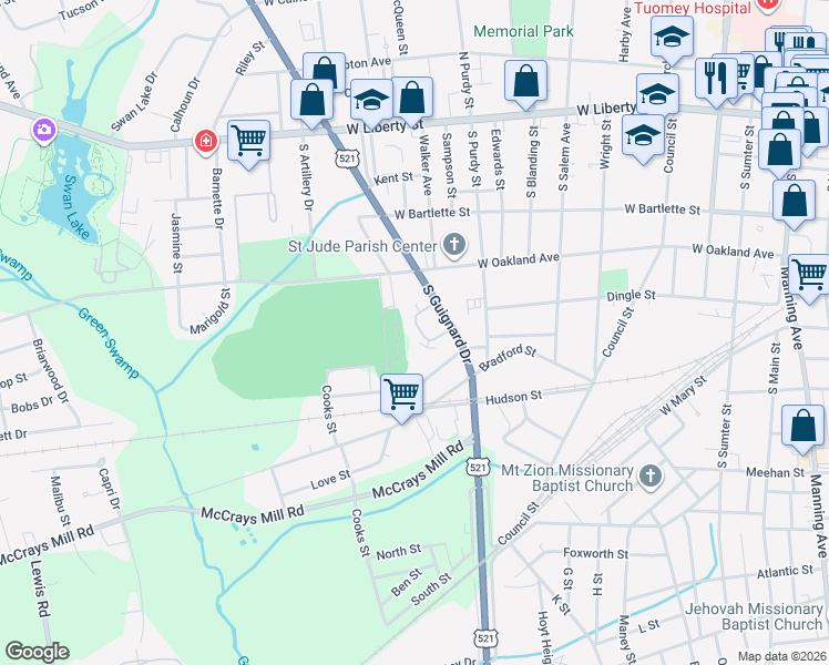 map of restaurants, bars, coffee shops, grocery stores, and more near 39 Birnie Circle in Sumter