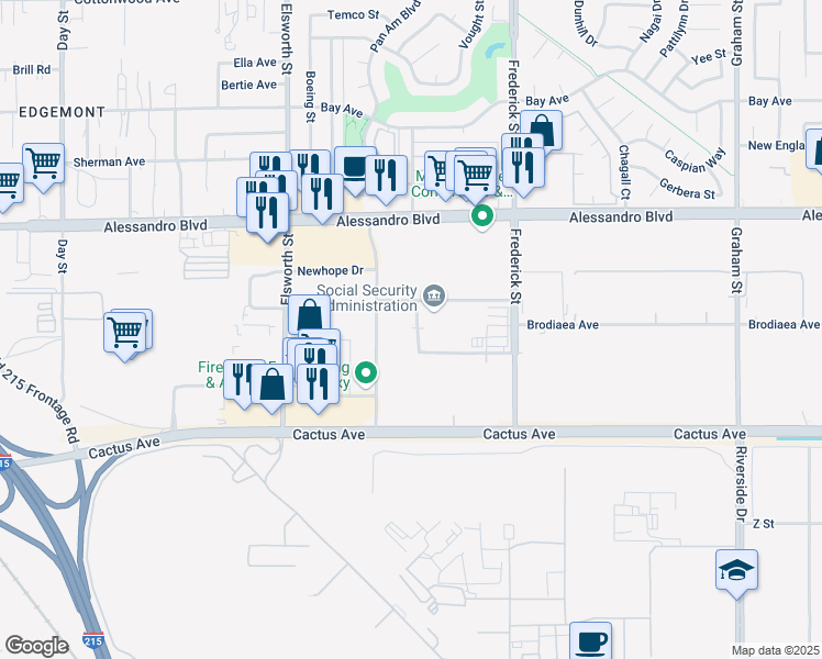 map of restaurants, bars, coffee shops, grocery stores, and more near 14271 Corporate Way in Moreno Valley