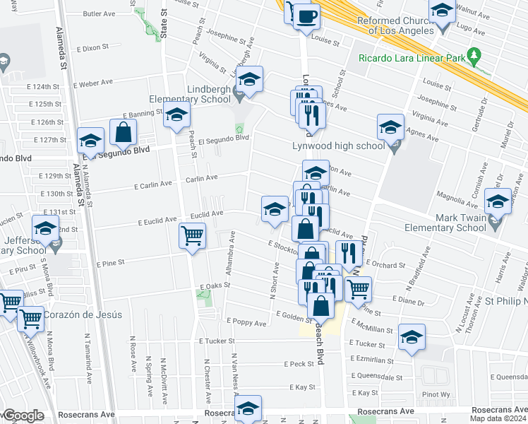 map of restaurants, bars, coffee shops, grocery stores, and more near 3241 Euclid Avenue in Lynwood