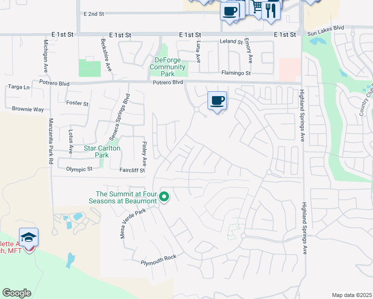 map of restaurants, bars, coffee shops, grocery stores, and more near 1517 Baxter Woods in Beaumont