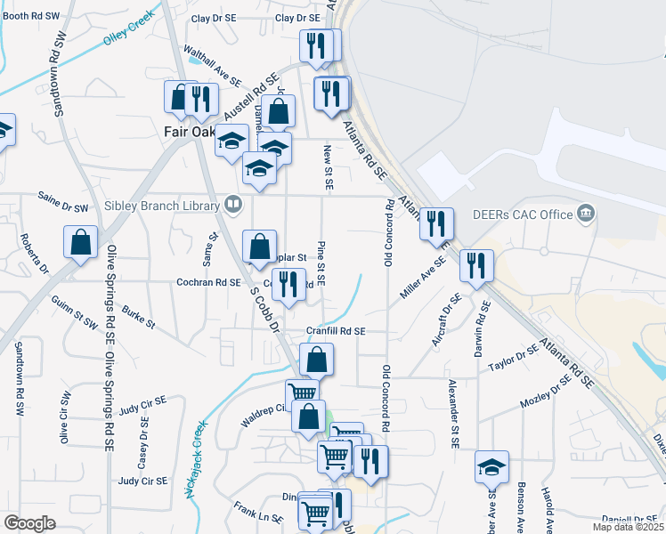 map of restaurants, bars, coffee shops, grocery stores, and more near 1615 Pine Street Southeast in Marietta