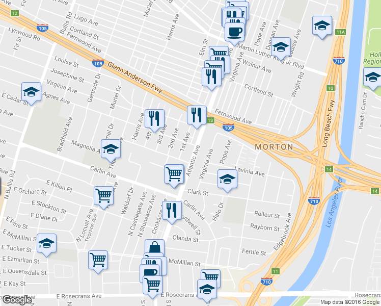 map of restaurants, bars, coffee shops, grocery stores, and more near 12017 Atlantic Avenue in Lynwood