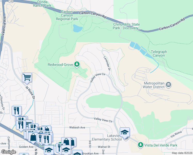map of restaurants, bars, coffee shops, grocery stores, and more near 17278 Bramble Court in Yorba Linda