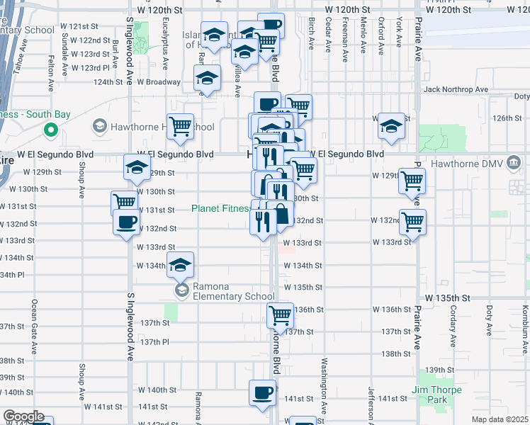 map of restaurants, bars, coffee shops, grocery stores, and more near 13107 Hawthorne Boulevard in Hawthorne