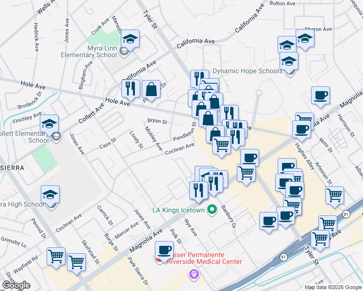 map of restaurants, bars, coffee shops, grocery stores, and more near 10443 Cochran Avenue in Riverside