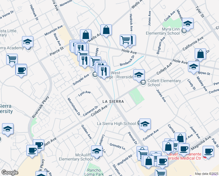 map of restaurants, bars, coffee shops, grocery stores, and more near 4384 Drexel Avenue in Riverside