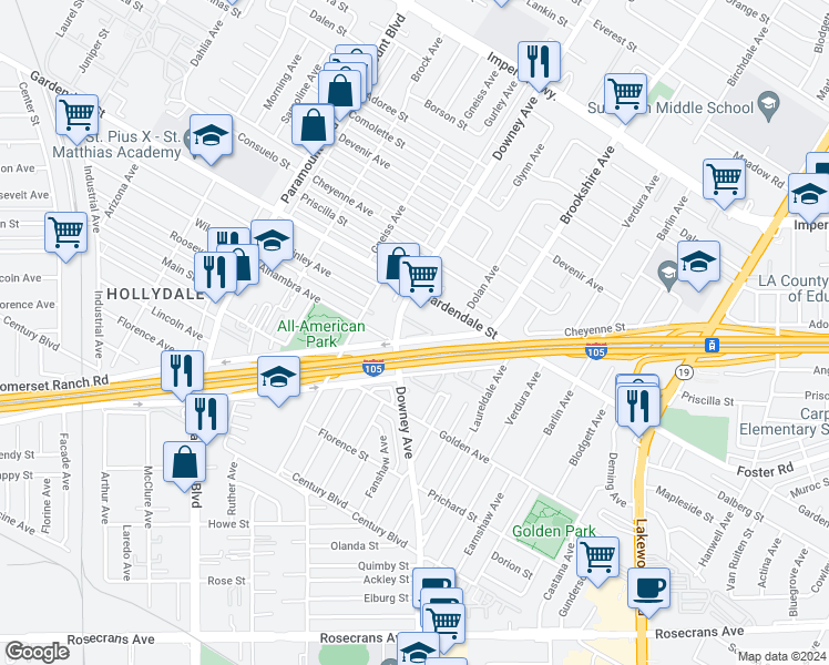 map of restaurants, bars, coffee shops, grocery stores, and more near 13202 Downey Avenue in Paramount