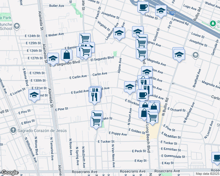 map of restaurants, bars, coffee shops, grocery stores, and more near 3157 Euclid Avenue in Lynwood