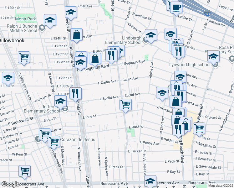 map of restaurants, bars, coffee shops, grocery stores, and more near 537 East Euclid Avenue in Compton