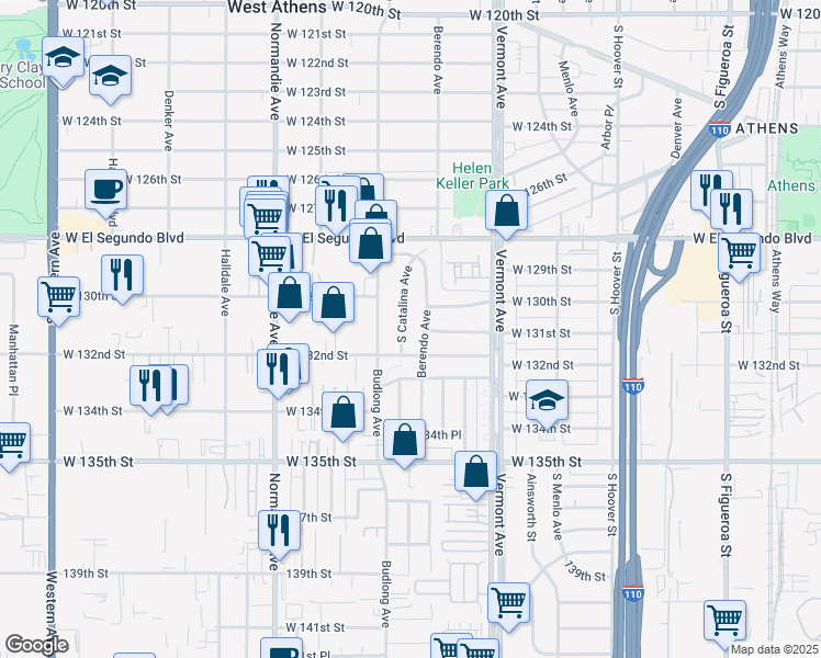 map of restaurants, bars, coffee shops, grocery stores, and more near 13020 Berendo Avenue in Gardena