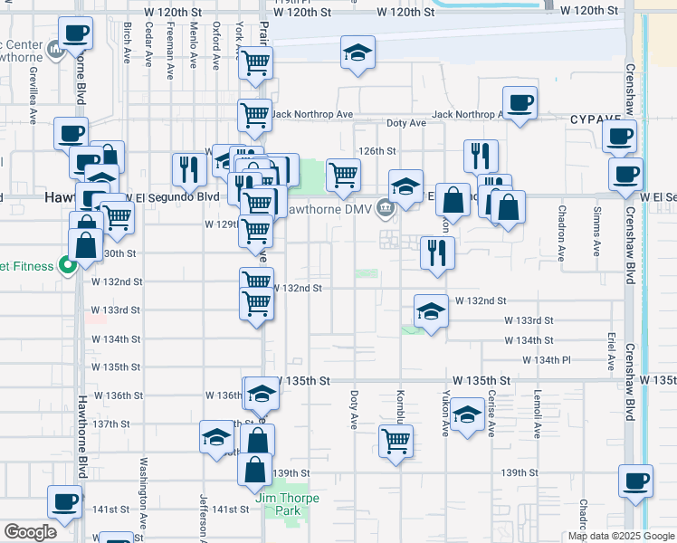 map of restaurants, bars, coffee shops, grocery stores, and more near 13109 Florwood Avenue in Hawthorne