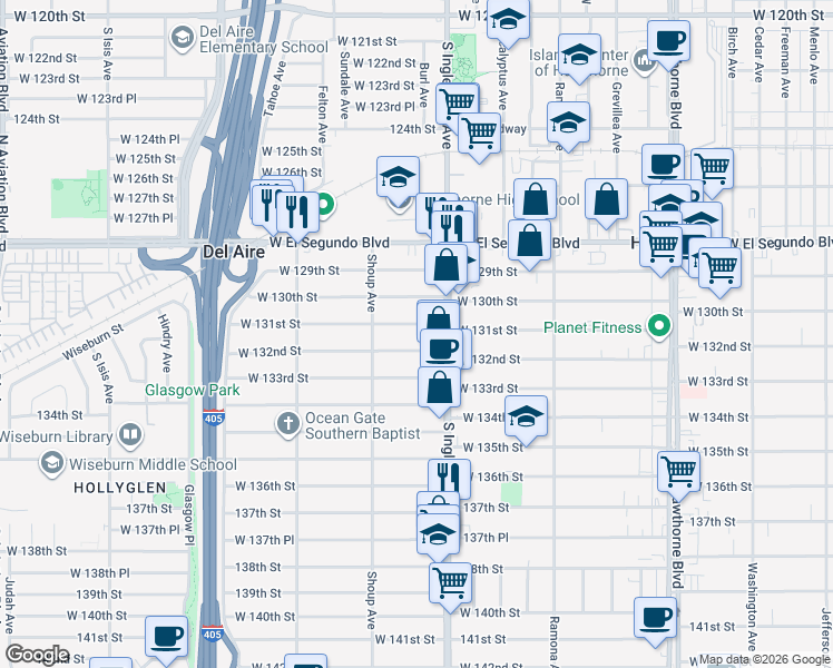 map of restaurants, bars, coffee shops, grocery stores, and more near 4818 West 131st Street in Hawthorne