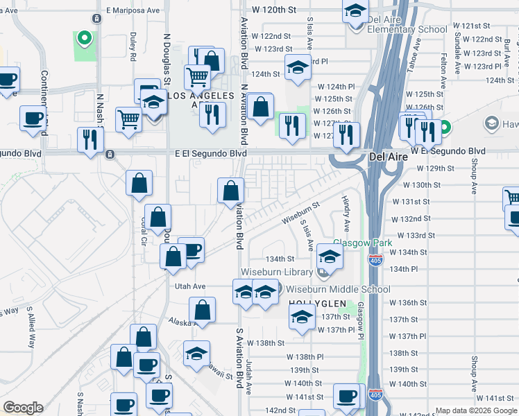 map of restaurants, bars, coffee shops, grocery stores, and more near 5540 Palm Drive in Hawthorne