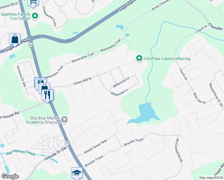map of restaurants, bars, coffee shops, grocery stores, and more near 1464 Millennial Lane in Lawrenceville