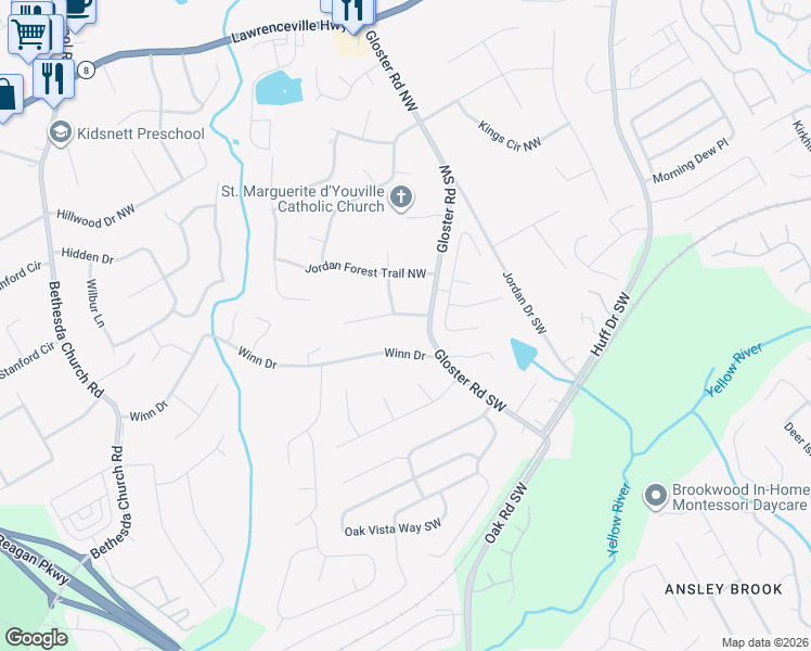 map of restaurants, bars, coffee shops, grocery stores, and more near 25 Gloster Road Northwest in Lawrenceville