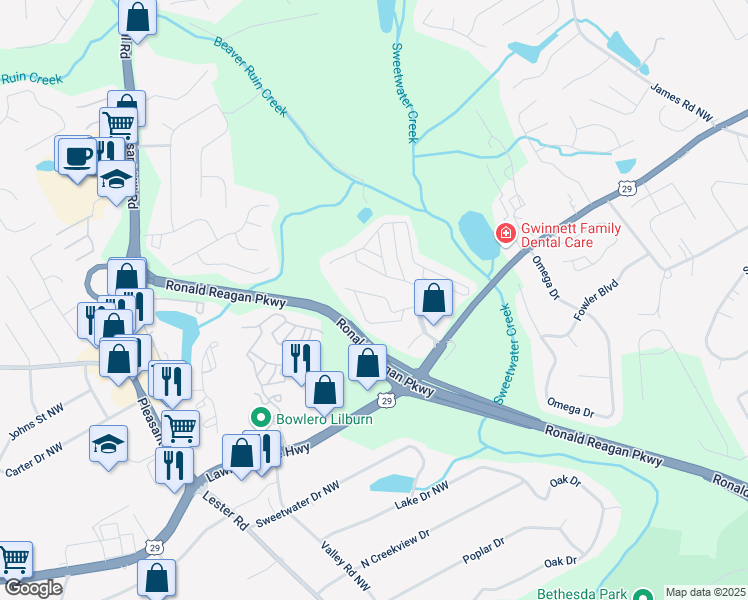 map of restaurants, bars, coffee shops, grocery stores, and more near 50 West Meadowlark Lane in Lawrenceville