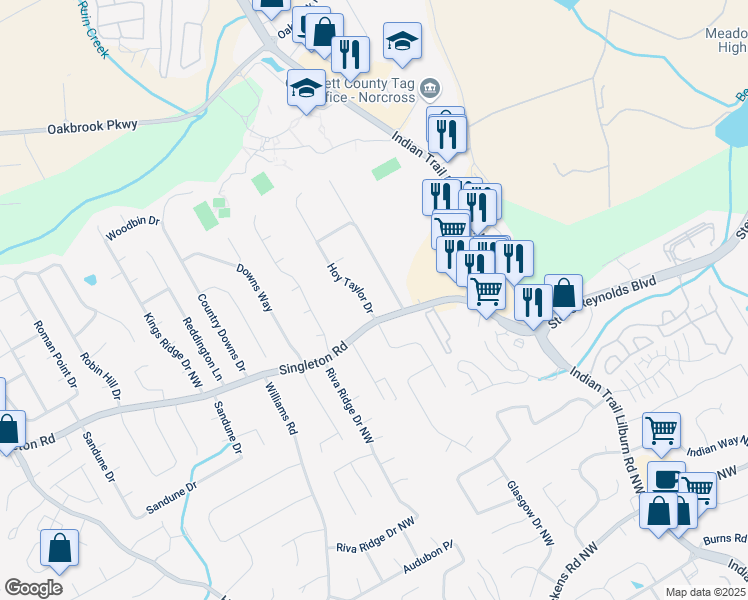 map of restaurants, bars, coffee shops, grocery stores, and more near 1328 Hoy Taylor Drive in Norcross