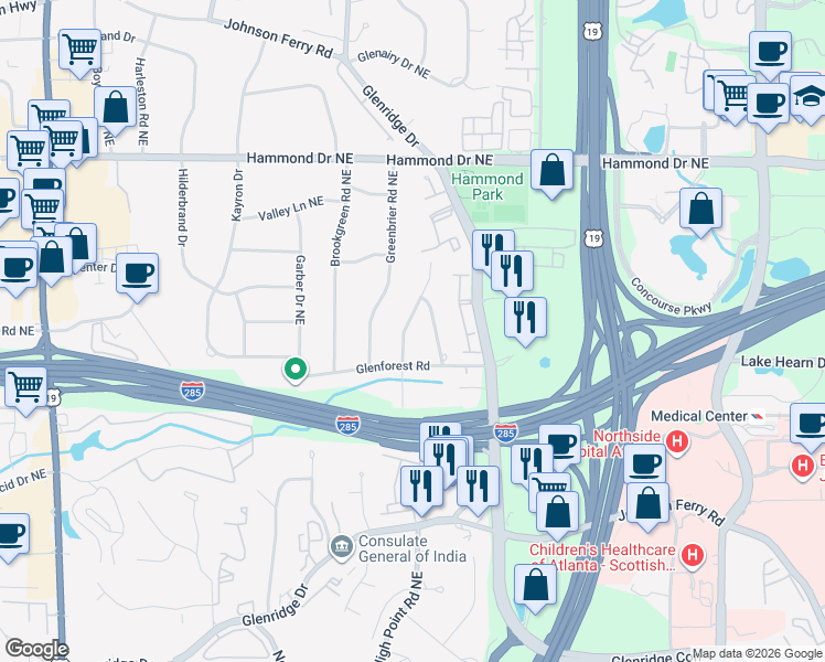 map of restaurants, bars, coffee shops, grocery stores, and more near 5815 Pine Brook Road Northeast in Atlanta