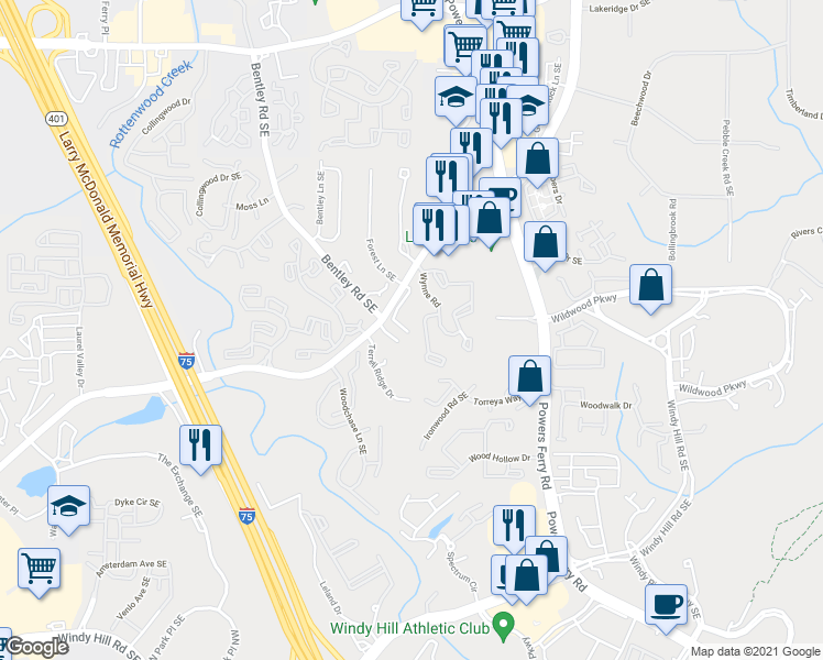 map of restaurants, bars, coffee shops, grocery stores, and more near 1607 Turnberry Lane in Marietta