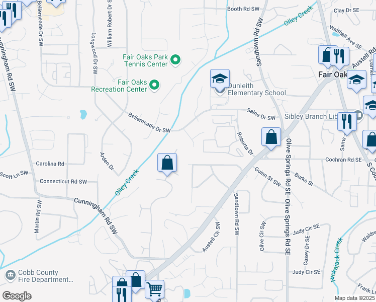 map of restaurants, bars, coffee shops, grocery stores, and more near 1969 Ridgestone Run Southwest in Marietta
