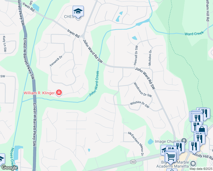map of restaurants, bars, coffee shops, grocery stores, and more near 2109 Breconridge Drive South West in Marietta