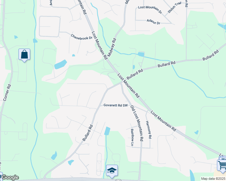 map of restaurants, bars, coffee shops, grocery stores, and more near 1685 Bullard Road in Powder Springs