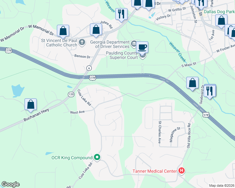 map of restaurants, bars, coffee shops, grocery stores, and more near 102 West Bridge Drive in Dallas