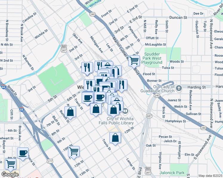 map of restaurants, bars, coffee shops, grocery stores, and more near 717 Ohio Avenue in Wichita Falls