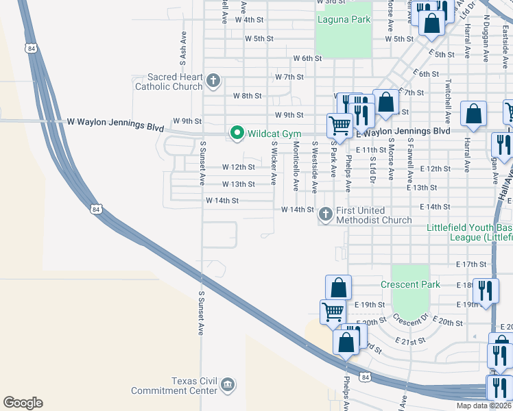 map of restaurants, bars, coffee shops, grocery stores, and more near 1208 West 14th Street in Littlefield