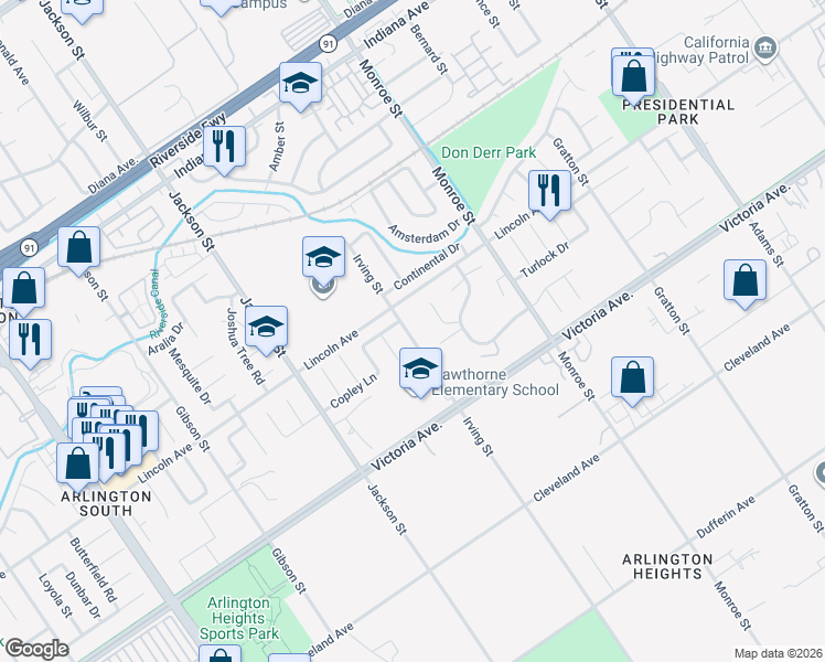 map of restaurants, bars, coffee shops, grocery stores, and more near 2849 Irving Street in Riverside