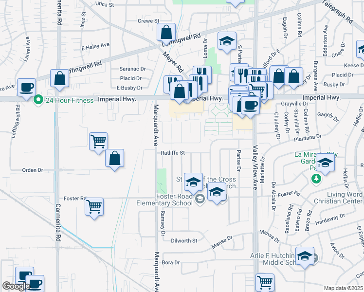 map of restaurants, bars, coffee shops, grocery stores, and more near 13854 Adoree Street in La Mirada