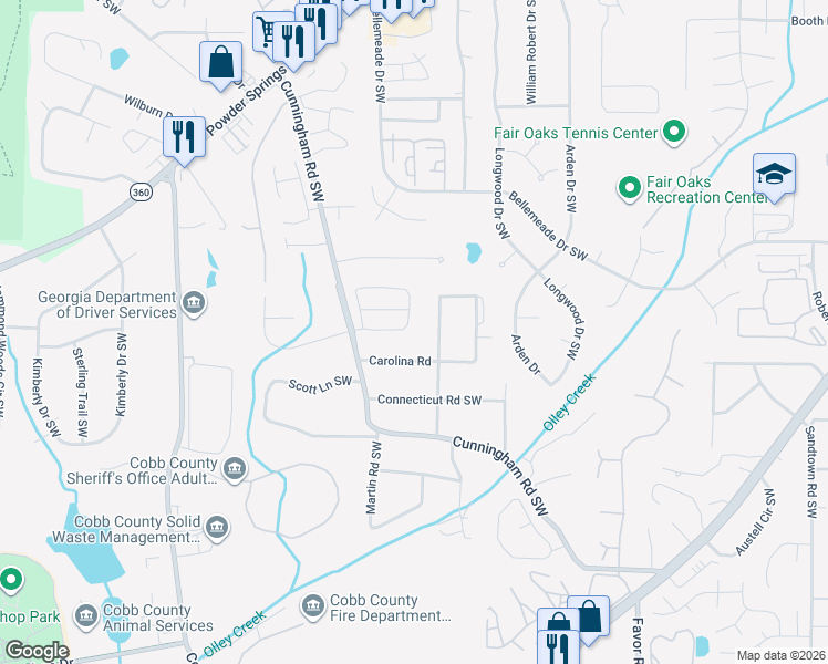map of restaurants, bars, coffee shops, grocery stores, and more near 667 Crosswinds Circle in Marietta