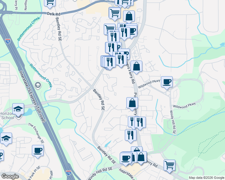 map of restaurants, bars, coffee shops, grocery stores, and more near 1008 Wynnes Ridge Circle in Marietta