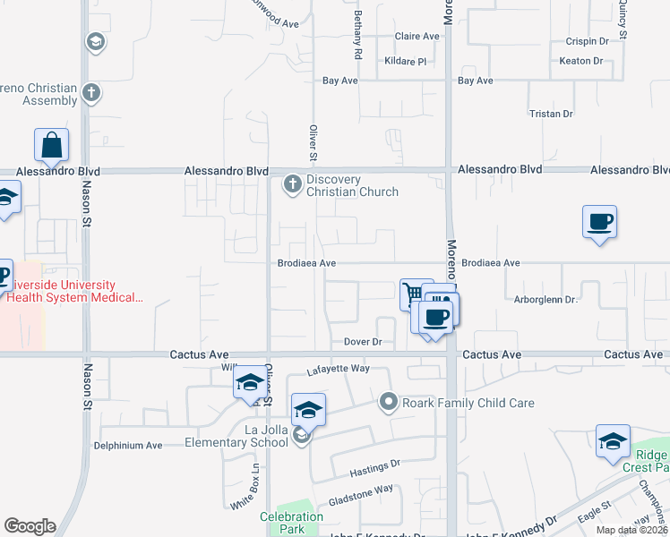 map of restaurants, bars, coffee shops, grocery stores, and more near 27689 Brodiaea Avenue in Moreno Valley