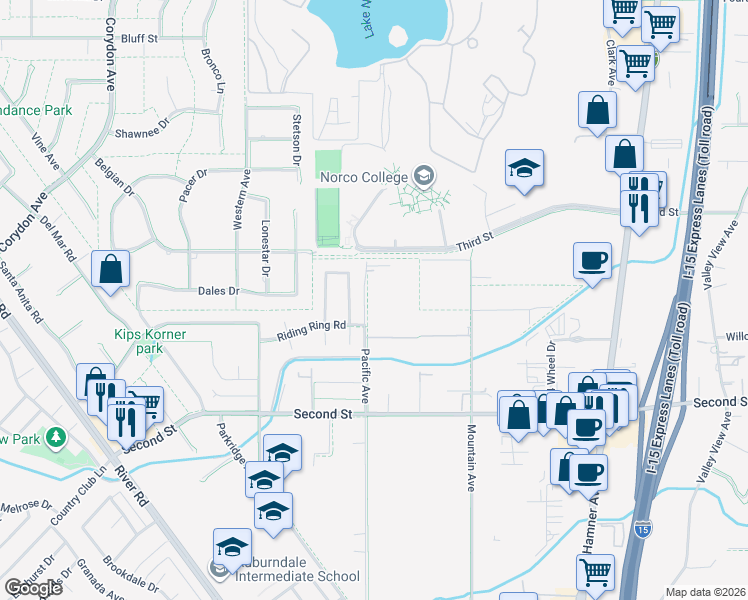 map of restaurants, bars, coffee shops, grocery stores, and more near 2187 Pacific Avenue in Norco
