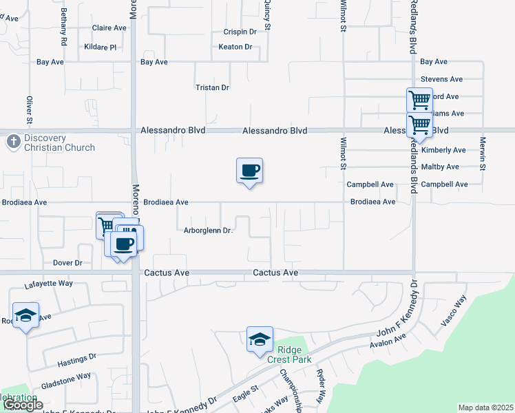 map of restaurants, bars, coffee shops, grocery stores, and more near 28451 Brodiaea Avenue in Moreno Valley