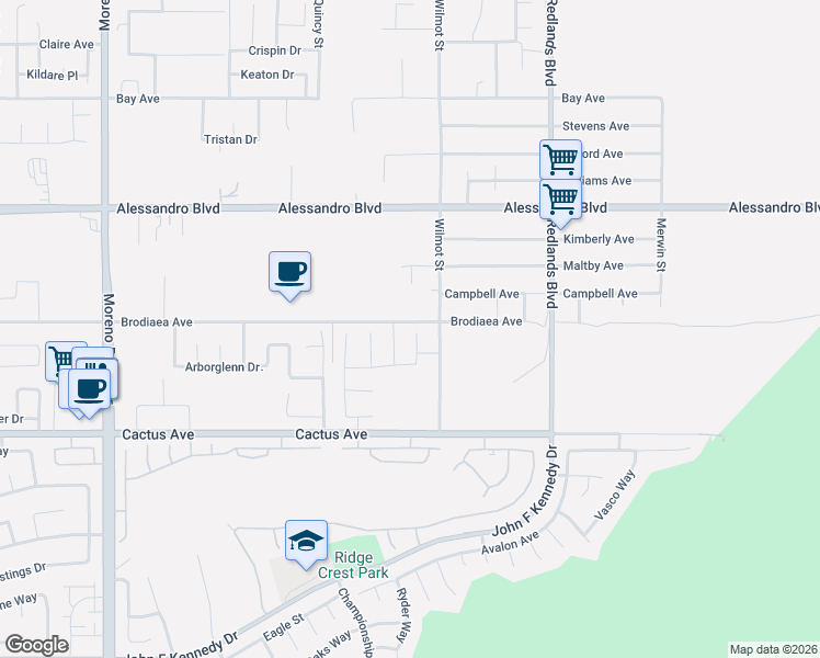 map of restaurants, bars, coffee shops, grocery stores, and more near 14279 Blue Bonnet Lane in Moreno Valley