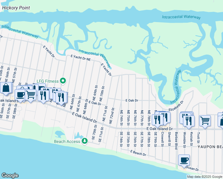 map of restaurants, bars, coffee shops, grocery stores, and more near 212 Northeast 71st Street in Oak Island