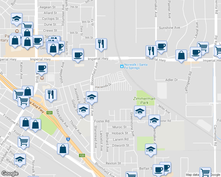 map of restaurants, bars, coffee shops, grocery stores, and more near 12919 Hickock Lane in Norwalk