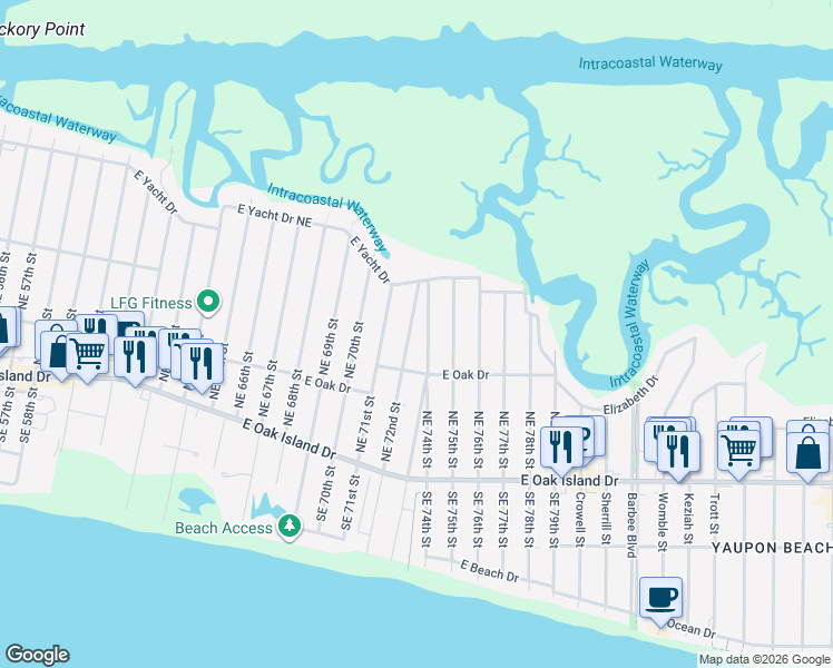 map of restaurants, bars, coffee shops, grocery stores, and more near 216 Northeast 72nd Street in Oak Island