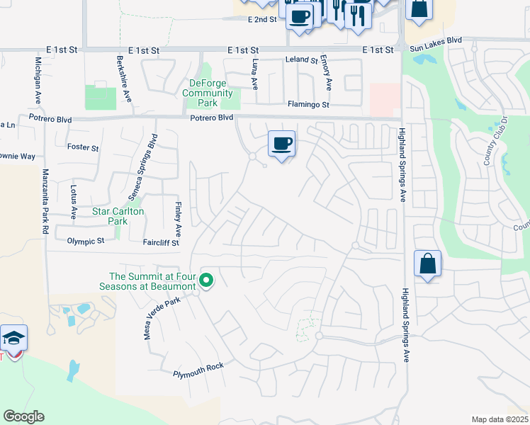 map of restaurants, bars, coffee shops, grocery stores, and more near 260 Pipe Springs in Beaumont