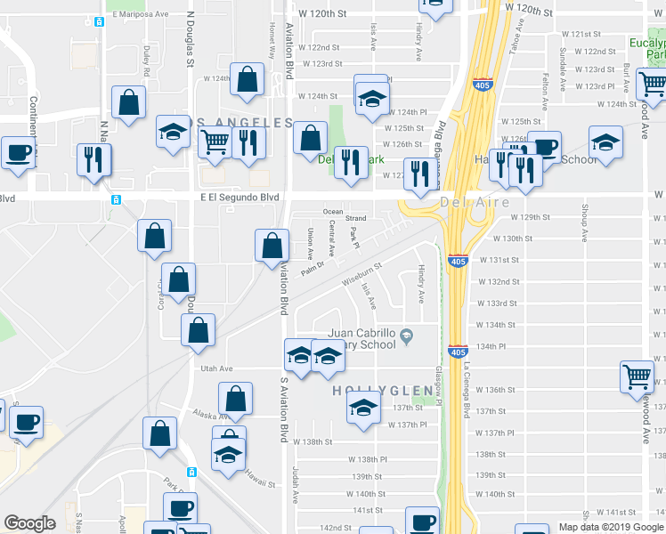 map of restaurants, bars, coffee shops, grocery stores, and more near 5515 Palm Drive in Hawthorne