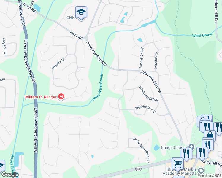 map of restaurants, bars, coffee shops, grocery stores, and more near 2109 Breconridge Drive South West in Marietta
