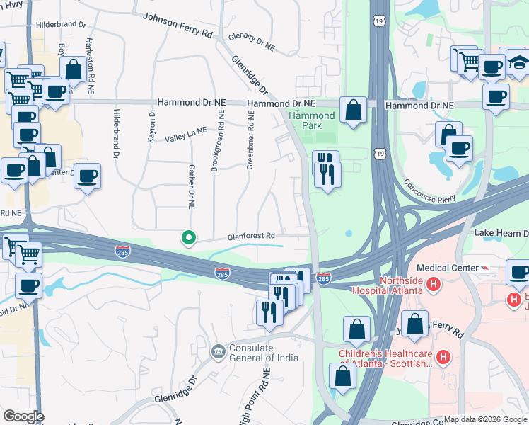 map of restaurants, bars, coffee shops, grocery stores, and more near 5815 Pine Brook Road Northeast in Atlanta